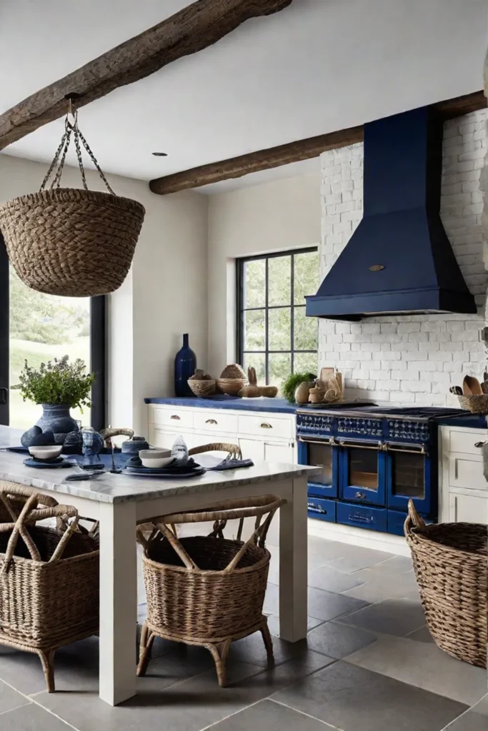 Greige and cream kitchen with navy blue accents