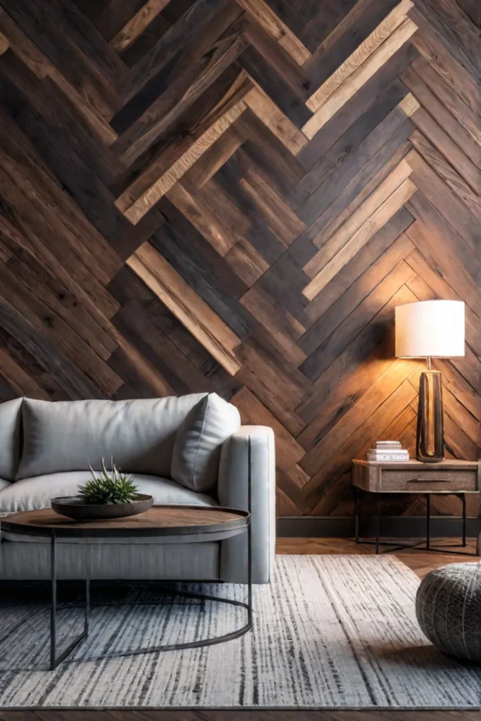 Herringbone pattern wood paneling with contemporary furniture