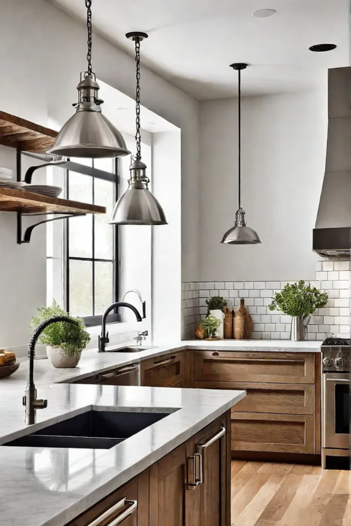 Industrial pendant lights in a modern farmhouse kitchen