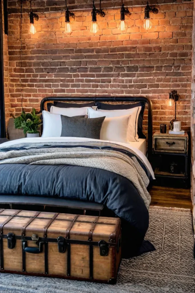 Industrialstyle small bedroom with unique design elements and repurposed furniture
