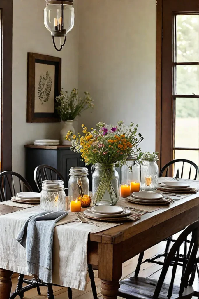 Inviting dining space with repurposed centerpiece and wildflowers