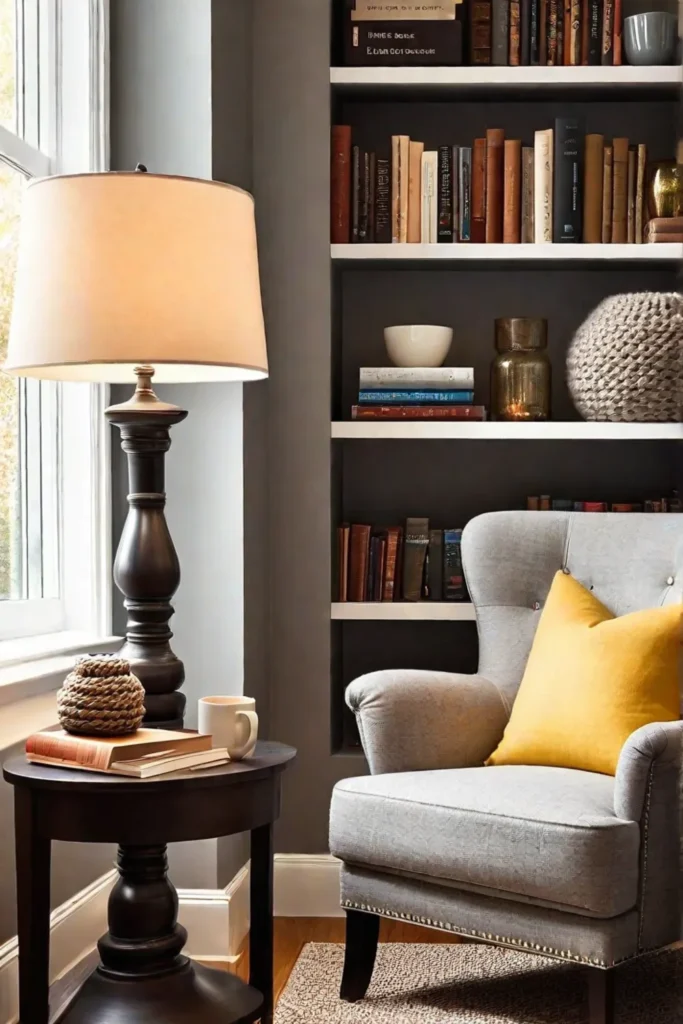 Inviting reading nook with a builtin bookcase and armchair