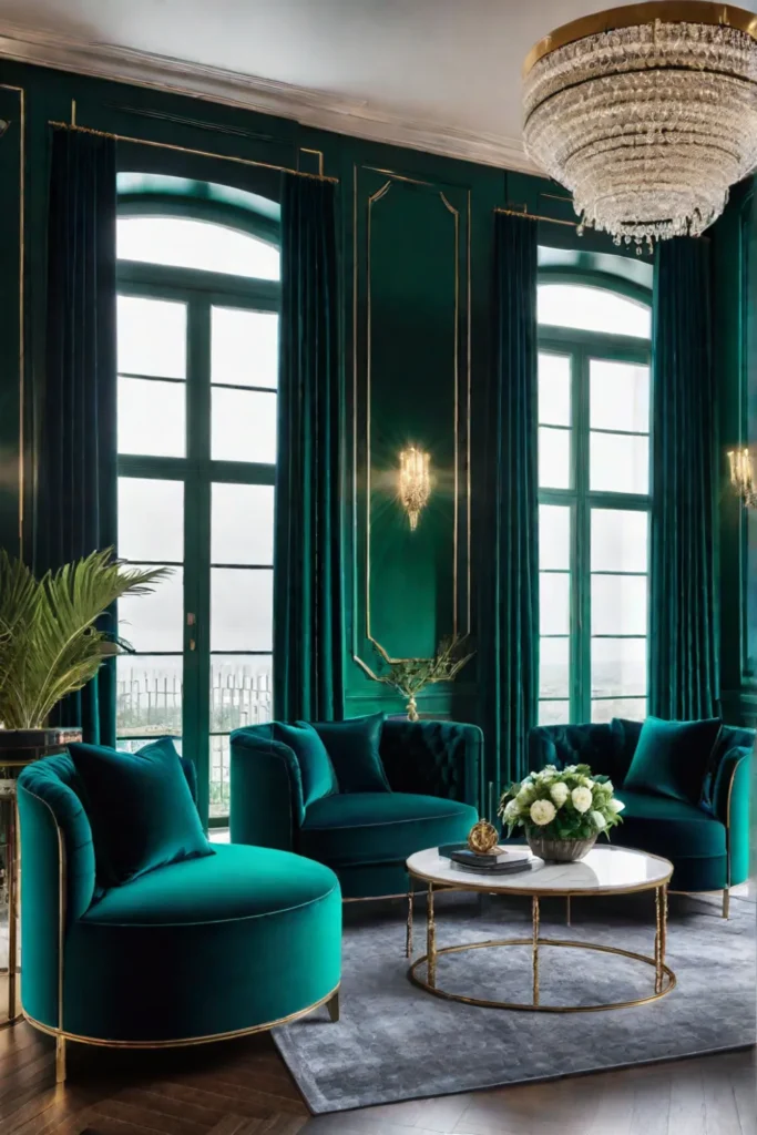 Jeweltoned furniture in emerald and sapphire blue in a luxurious living room