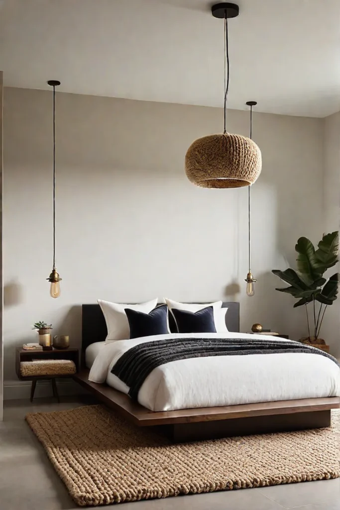 Jute rug and woven pendant light in a serene bedroom