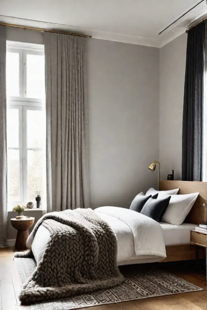 Layered textiles and sheer curtains in a minimalist bedroom