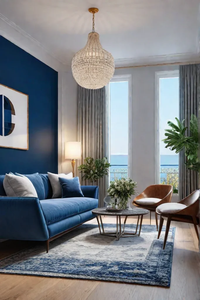 Living room with a calming blue focal point wall