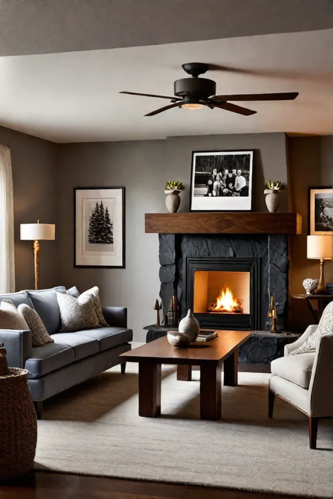 Living room with a fireplace and personal touches