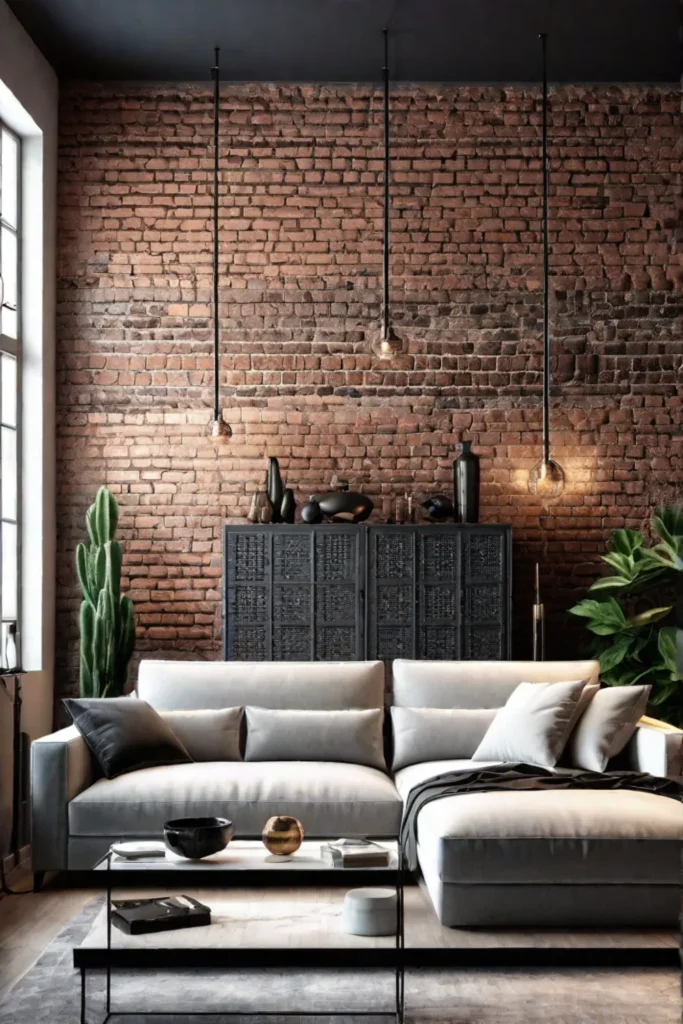 Living room with an exposed brick wallpaper accent wall