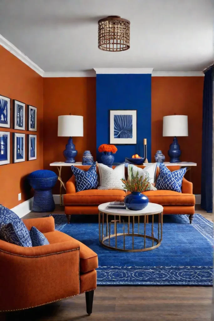 Living room with bold complementary colors of blue and orange
