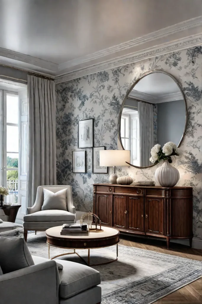 Living room with classic toile wallpaper and modern furniture