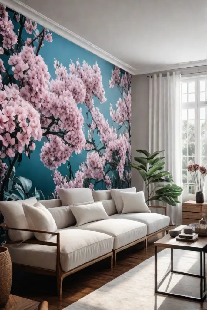 Living room with lush floral wallpaper and natural textures