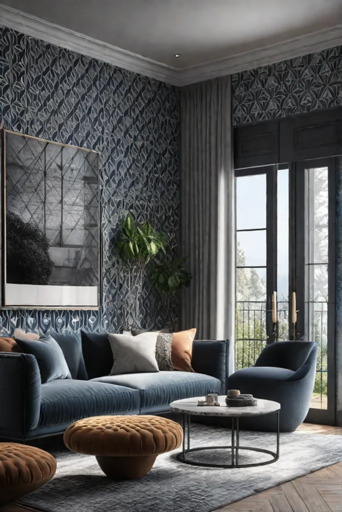 Living room with mixed pattern wallpaper for an eclectic look