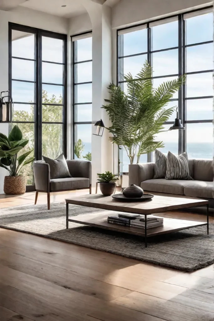 Living room with natural materials and abundant greenery