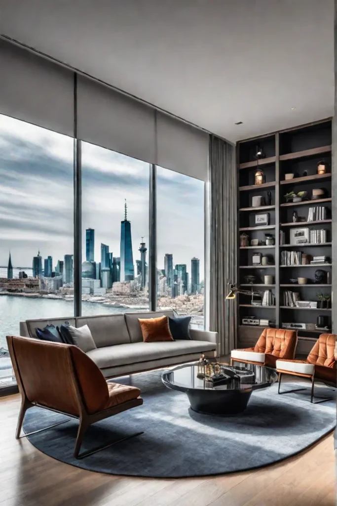Living room with vertical storage solutions and panoramic city views