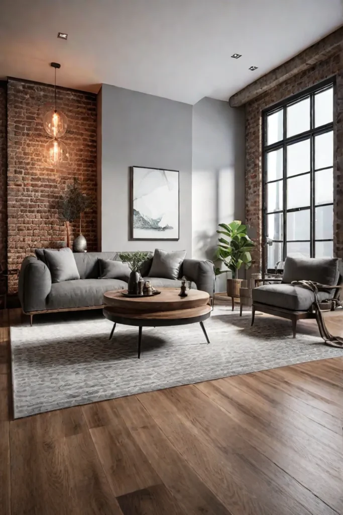 Living space with exposed brick metal accents and wood floors