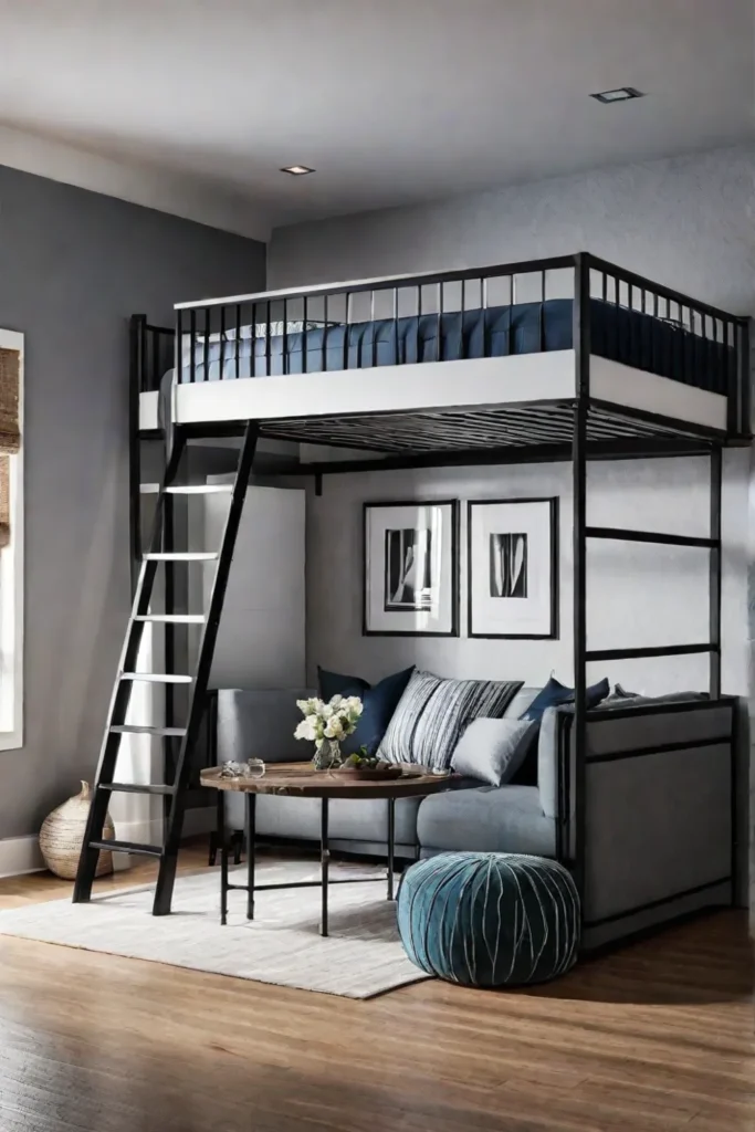 Loft bed with a seating area below