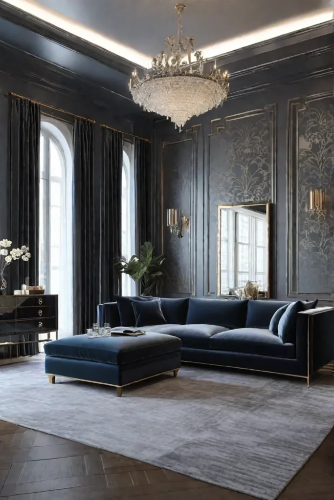 Metallic wallpaper adding glamour to a living room