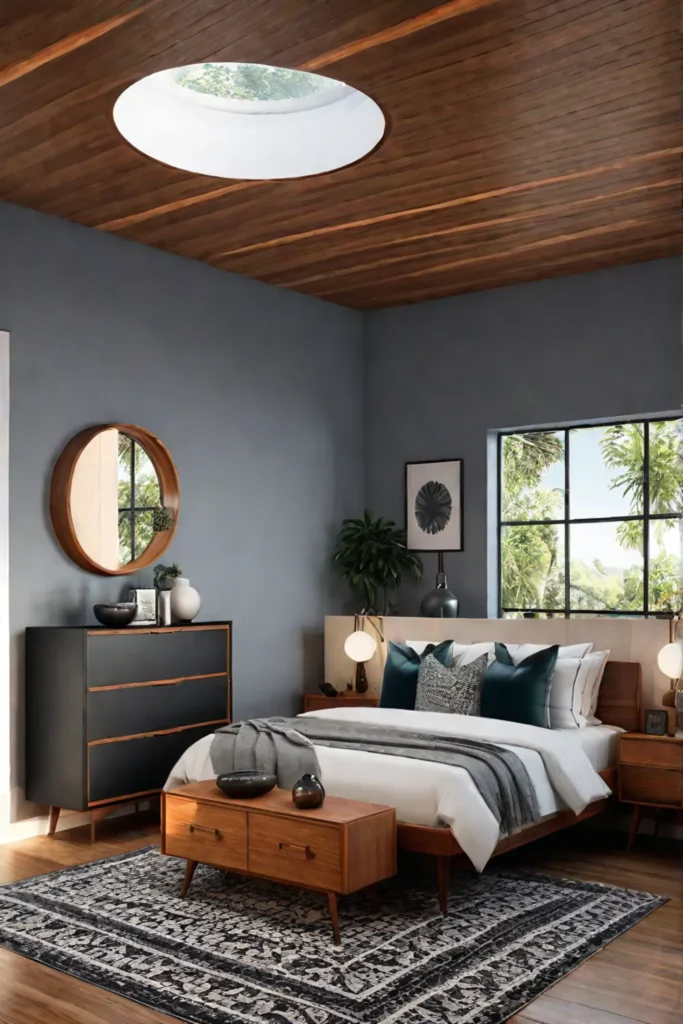Midcentury modern small bedroom with retro furnishings 1