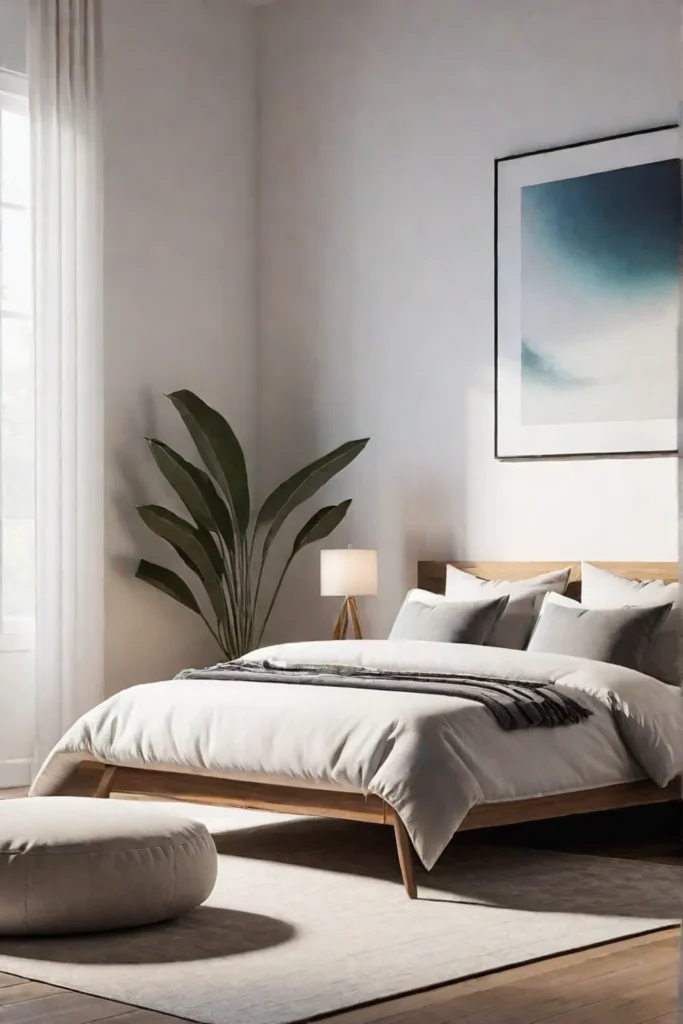 Mindful minimalist bedroom with a meditation corner and calming artwork