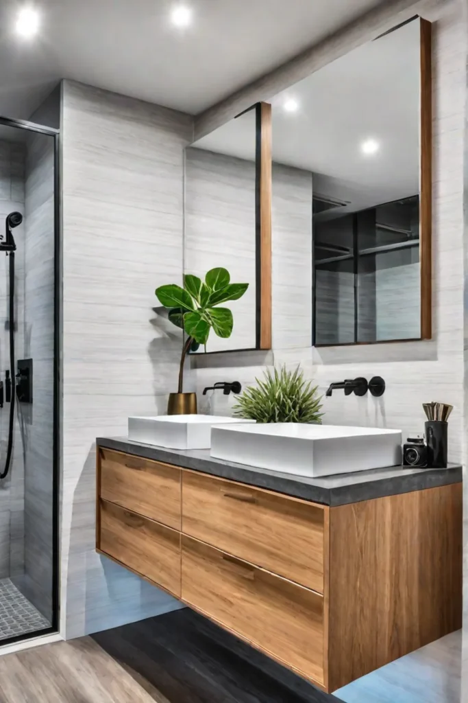 Minimalist bathroom with integrated sinks