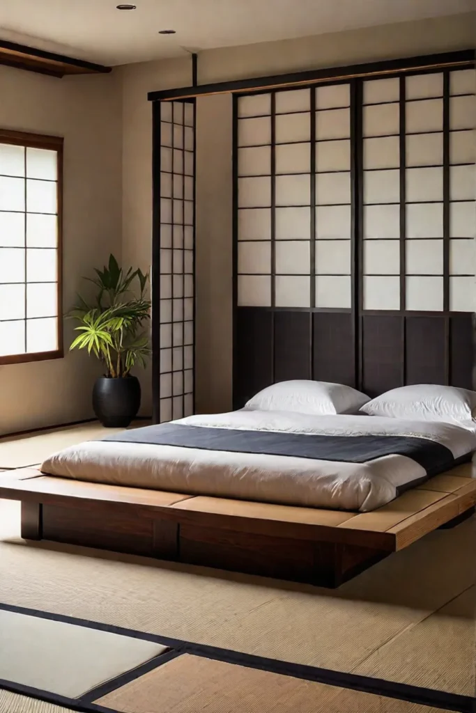 Minimalist bedroom with Japanese design elements and a Zen garden