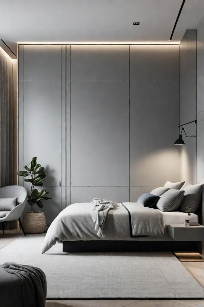 Minimalist bedroom with builtin wardrobe and accent chair