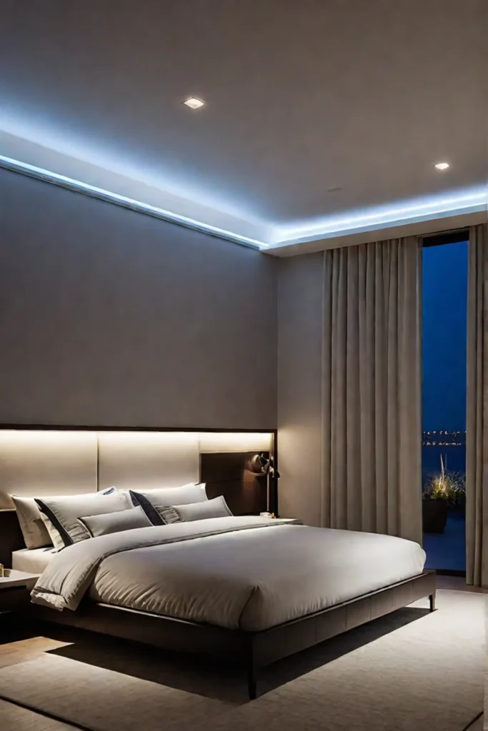 Minimalist bedroom with cove lighting and indirect illumination