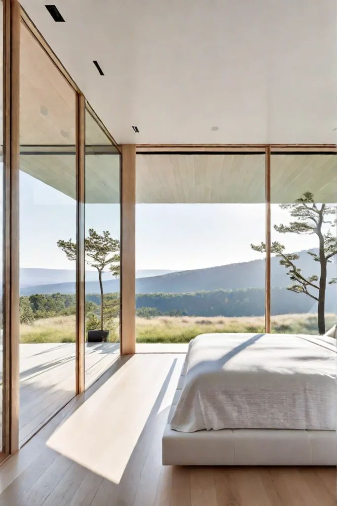 Minimalist bedroom with floortoceiling windows and natural light