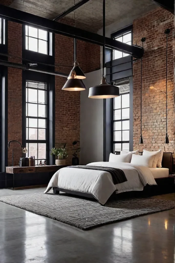 Minimalist bedroom with industrial accents and a blend of textures
