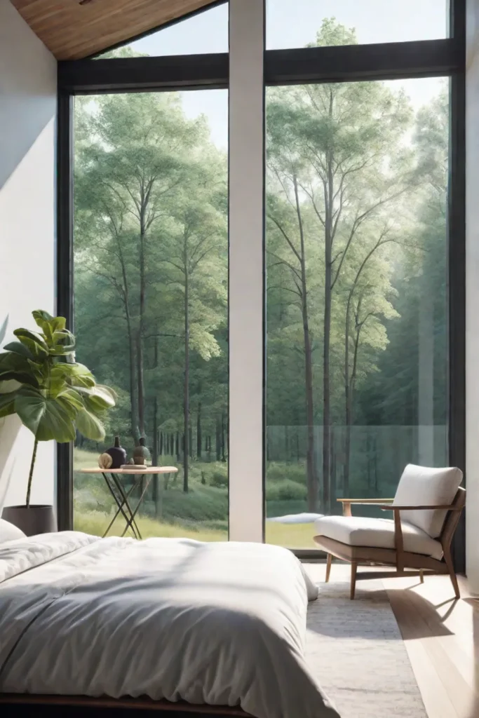 Minimalist bedroom with nature view