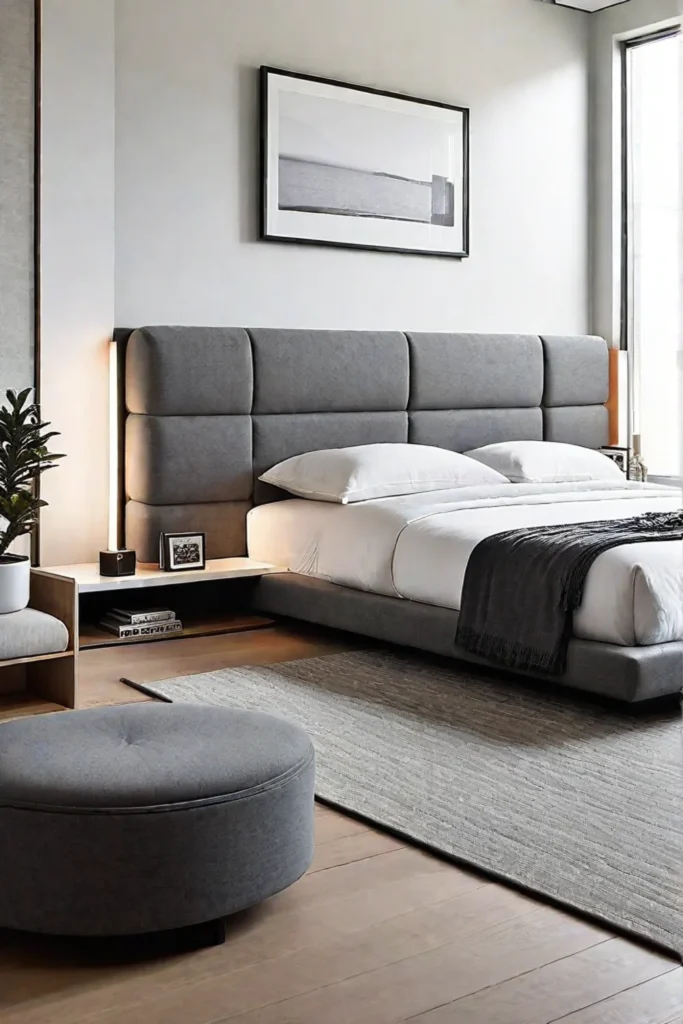 Minimalist bedroom with platform bed and cylindrical nightstands