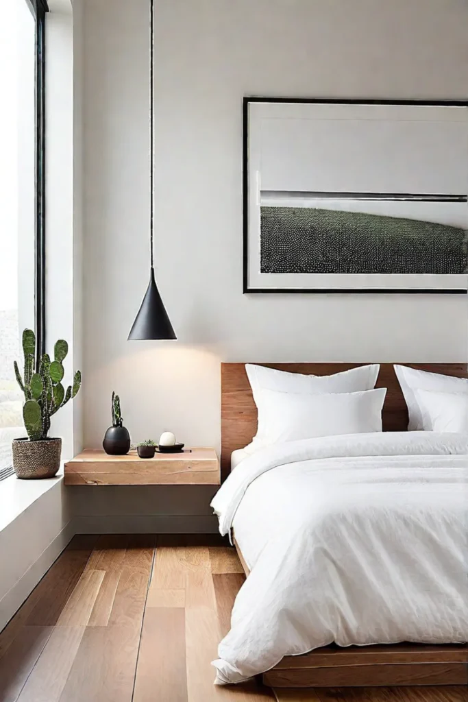 Minimalist bedroom with platform bed and floating nightstands