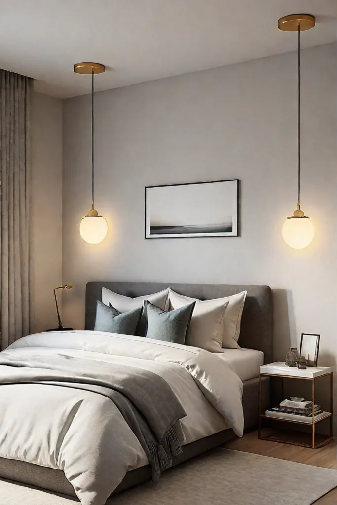 Minimalist bedroom with warm lighting and pendant light