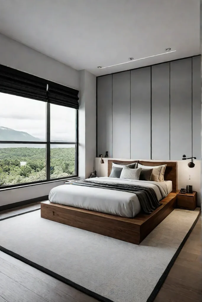 Minimalist small bedroom with platform bed and storage
