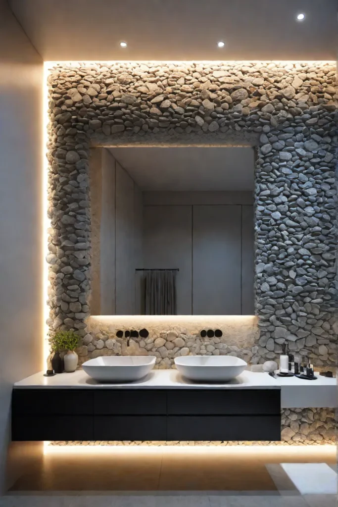 Modern bathroom with black vanity and ambient lighting