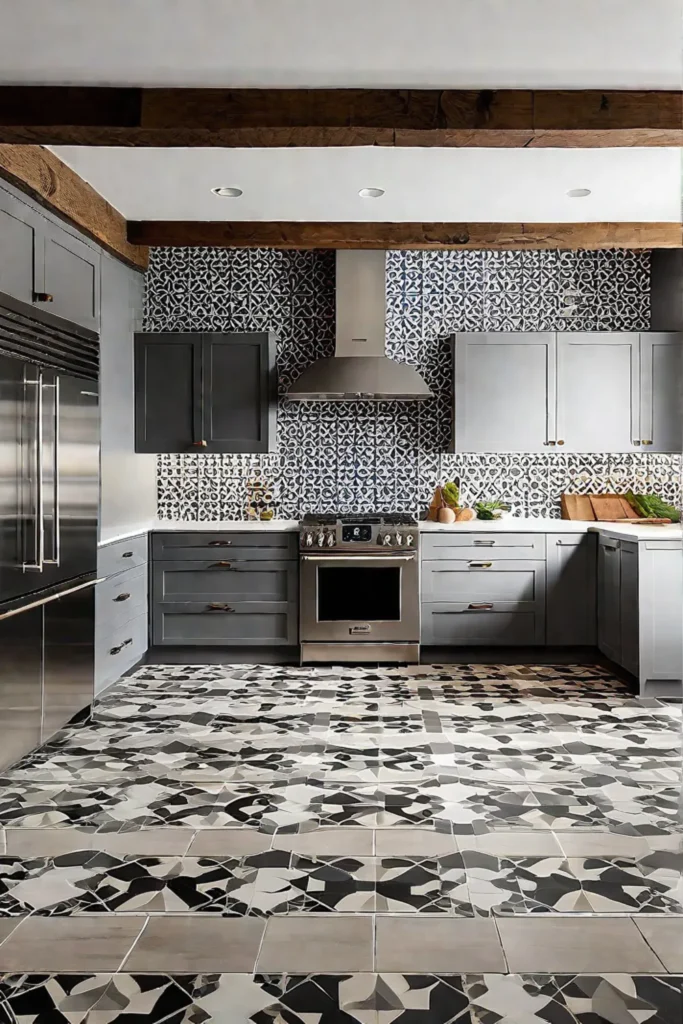 Modern farmhouse kitchen with mixed patterns and textures