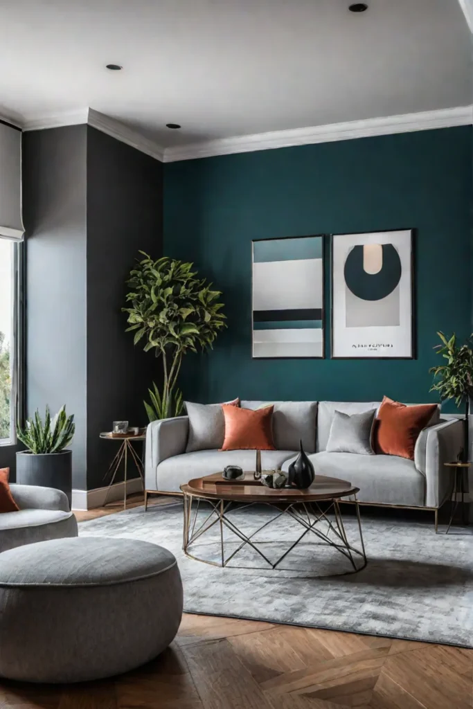 Modern living room with bold geometric wallpaper
