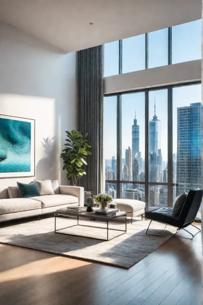 Modern living room with city view and minimalist artwork