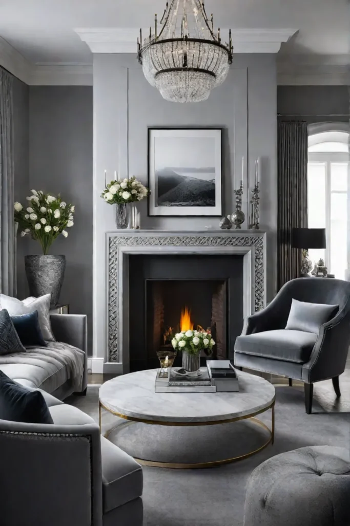 Monochromatic grey living room with velvet metal and stone textures
