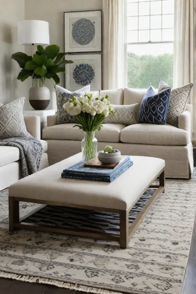 Neutral living room with layered textures and patterns
