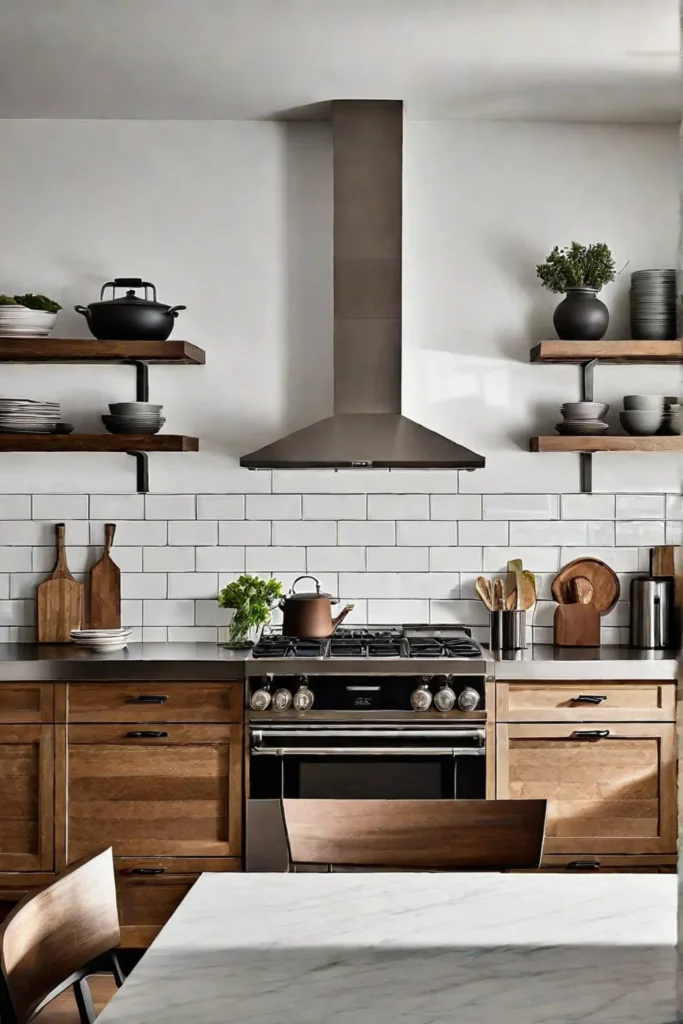 Open shelving and stainless steel range hood in a kitchen