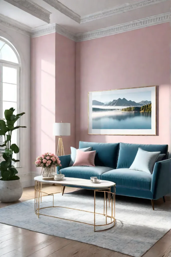 Pastel colors with metallic accents in a sunlit living room