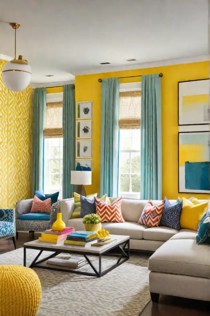 Playful living room with a bright yellow accent wall