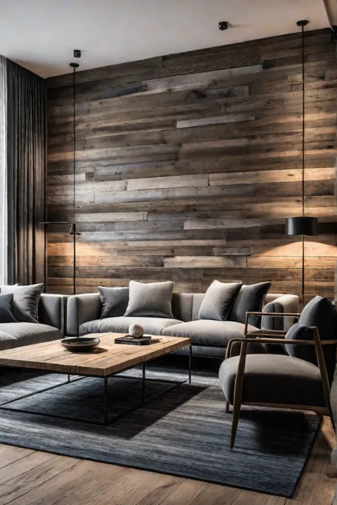 Reclaimed wood accent wall in modern living room