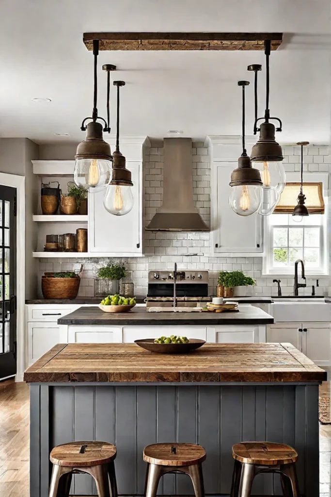 Reclaimed wood countertop with exposed bulb pendants