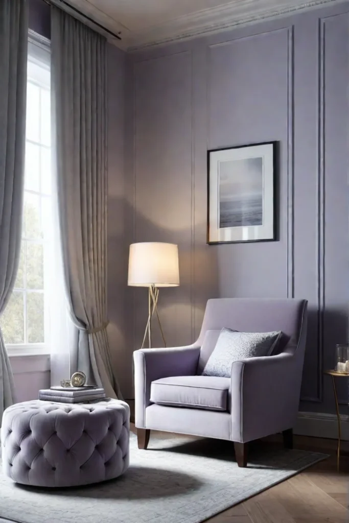 Relaxing living room with lavender walls and gray furniture