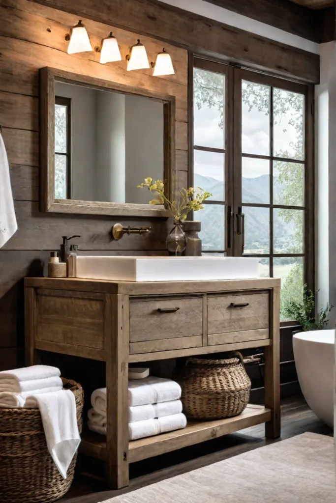 Rustic bathroom with weathered wood vanity and vintage accents