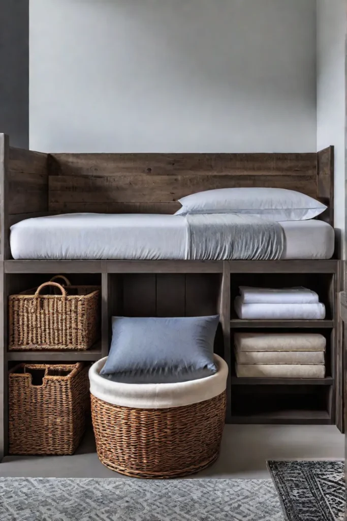 Rustic farmhouse bedroom with headboard storage and wicker baskets