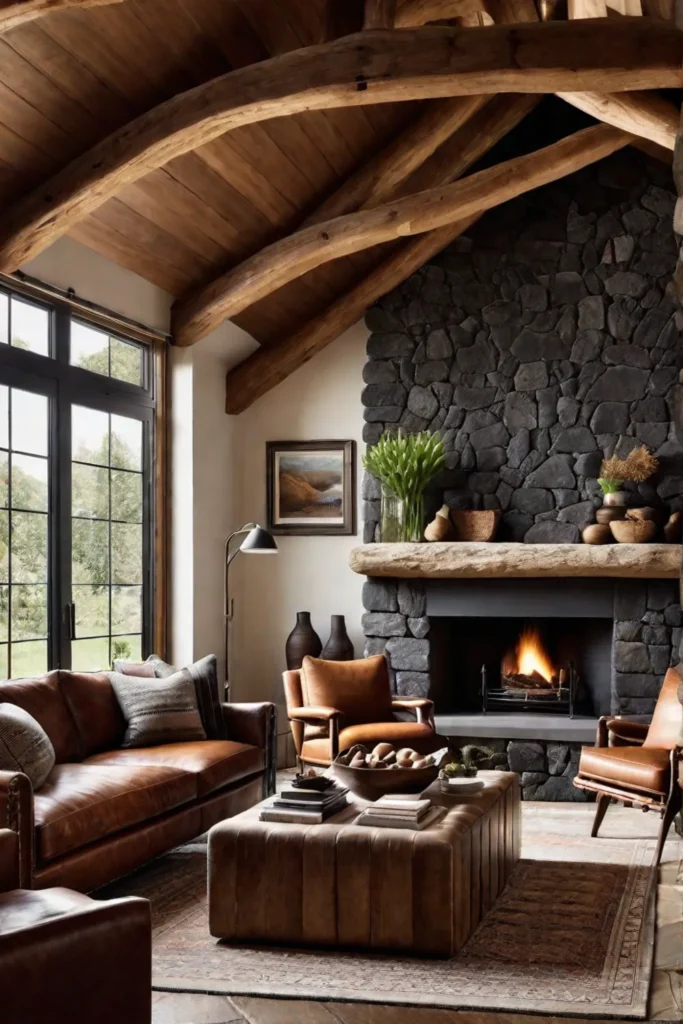 Rustic living space with wood stone and leather accents