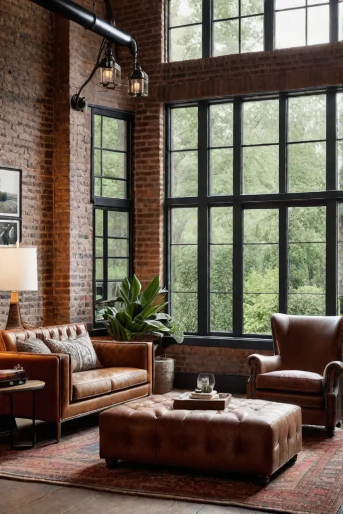 Rustic small living room with exposed brick and industrial lighting